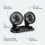 Premium 12V Dual Head Car Cooling Fan With Integrated Rear Parking Phone Number Display_img_3