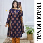 Ethnic Printed Three Piece for Women – Navy Blue & Rust Orange_img_0