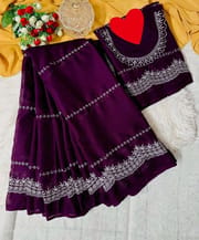 জর্জেট এম্ব্রয়ডারি শাড়ী উইথ ব্লাউজ পিস_img_1