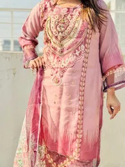 New Eid Collection Luxury Embroidery Work Digital Print Farsi Cut Organza 3 Piece Women Dress - Blush Rose Pink Elegance_img_2