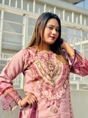 New Eid Collection Luxury Embroidery Work Digital Print Farsi Cut Organza 3 Piece Women Dress - Blush Rose Pink Elegance_img_1