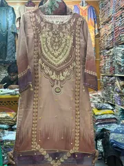 New Eid Collection Luxury Embroidery Work Digital Print Farsi Cut Organza 3 Piece Women Dress - Blush Rose Pink Elegance_img_3