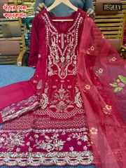 New Eid Sale Royal Cherry Red Luxury Embroidery Work 3 Piece Organza_img_0
