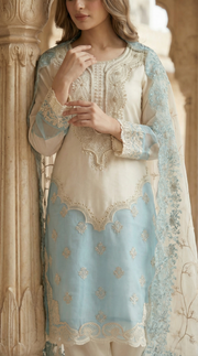 New Eid Collection Gorgeous Embroidery & Pearl Work Organza 3 Piece Women Dress - Off-white & Sky Blue Elegance_img_0