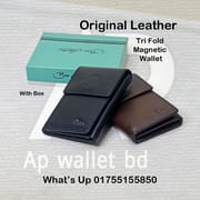 Magnetic Plain Black & Brown Trifold Genuine Leather Wallet With Box_img_0
