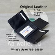 Magnetic Plain Black & Brown Trifold Genuine Leather Wallet With Box_img_3