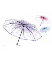 Transparent Umbrella - Cherry Blossom Korean Version Three Fold Multicolor Fully Automatic Three-fold Transparent Umbrella Clear Folding Umbrella Automatic Open and Close Travel Umbrellas for Rain_img_0