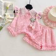 Kids Girl Elegant Pink Lace Outfit Set with Ruffle Skirt Pant & Sun Hat (1 to 6 years) for yours BABUU_img_1