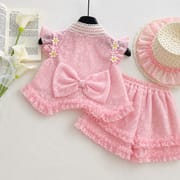 Kids Girl Elegant Pink Lace Outfit Set with Ruffle Skirt Pant & Sun Hat (1 to 6 years) for yours BABUU_img_2