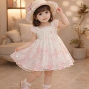 Kids Girls Butterfly Floral Princess Eid Dress with Matching Hat (1 to 7 years)_img_0