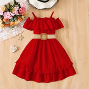 Kids Girls Red Ruffle Party Dress with Belt (3 to 8 years)_img_1