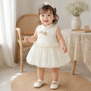 Baby Girl Elegant Sleeveless White Princess Floral Jacquard Summer Party Dress (0 to 18 months)_img_1