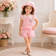 Kids Girl Elegant Pink Lace Outfit Set with Ruffle Skirt Pant & Sun Hat (1 to 6 years)_img_1