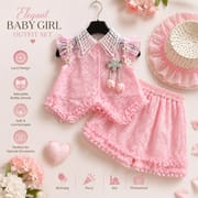 Kids Girl Elegant Pink Lace Outfit Set with Ruffle Skirt Pant & Sun Hat (1 to 6 years)_img_0