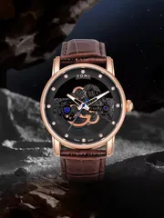 TOMI T-102 Face Gear Transperent Dual Strap Leather Belt Watch (Black-Rosegold)_img_2
