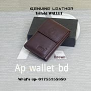 Mont Blanc Plain Black & Brown Trifold Genuine Leather Wallet With Box_img_1