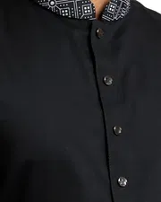 Black Panjabi with Patterned Collar and Cuffs_img_2