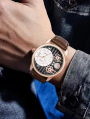 TOMI T-106 Face Gear Dual Strap Leather Belt Watch (Brown-Rosegold)_img_3