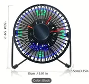 USB-Powered LED Clock Fan with Real-Time Temperature Display - Sleek Black Iron Frame, Blue & Green LED Lights, Compact Desktop Design for Home Office & Workspace, Office Desk Accessory, Modern Aesthetic, Durable Construction_img_0