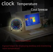 USB-Powered LED Clock Fan with Real-Time Temperature Display - Sleek Black Iron Frame, Blue & Green LED Lights, Compact Desktop Design for Home Office & Workspace, Office Desk Accessory, Modern Aesthetic, Durable Construction_img_3