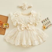 Baby Girl Flower Lace Tulle & 3D Floral Design Romper Dress with Headband (0 to 18 Months)_img_5