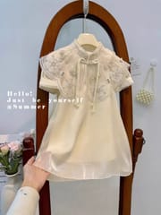 Kids Girls Summer Chinese Style Short Sleeve Pearl Princess Gown Party Dress (1-7 Years)_img_0