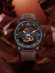 TOMI T-102 Face Gear Transperent Dual Strap Leather Belt Watch (Black)_img_2
