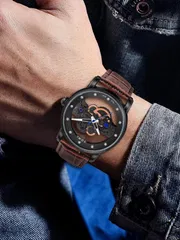 TOMI T-102 Face Gear Transperent Dual Strap Leather Belt Watch (Black)_img_3