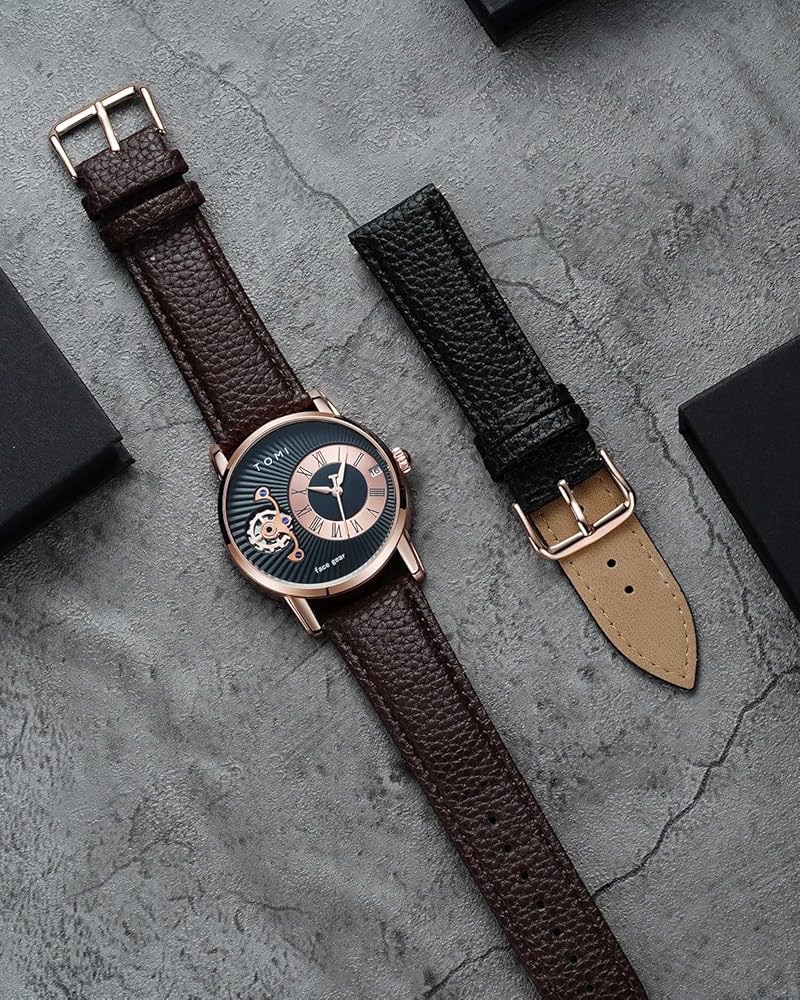 TOMI T-104 Face Gear Dual Strap Leather Belt Watch (Black-Rosegold)_img_1
