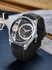 TOMI T-105 Face Gear Dual Strap Leather Belt Watch (Black)_img_1