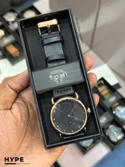 TOMI T-037 Men's Quartz Leather Belt Watch With Second Sub-Dial(Black-Rosegold)_img_2