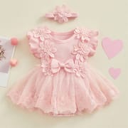 Baby Girl Flower Lace Tulle & 3D Floral Design Romper Dress with Headband (0 to 18 Months)_img_1