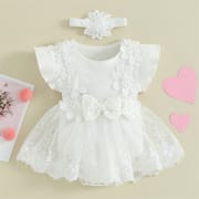 Baby Girl Flower Lace Tulle & 3D Floral Design Romper Dress with Headband (0 to 18 Months)_img_3