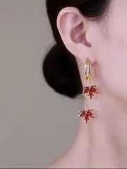 Fashion Red Maple Leaf Gold Plated Ear Hoop Earrings Dangle Women Jewelry_img_0