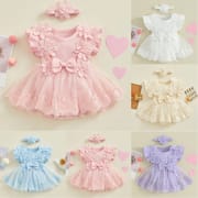 Baby Girl Flower Lace Tulle & 3D Floral Design Romper Dress with Headband (0 to 18 Months)_img_0