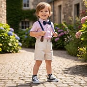 Kids Boys Summer Gentleman Outfit – Bow Tie Shirt & Shorts with Suspenders (6 Months to 5 Years)_img_0