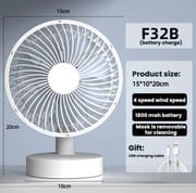 Rechargeable Fan F32B Desktop Fan Table Fan – 6 inch, 6 Blade, 1800Mah, 4 Wind Gear, low noise, 90 Degree Rotatable, USB Rechargeable, Compact Mini Fan Small Fan_img_1
