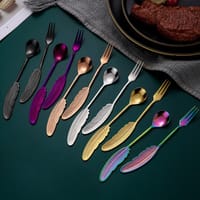 12 Pcs creative gold plated color 304 stainless steel feather spoon Fork cake spoon dessert spoon fruit fork coffee spoon mixing spoon_img_0