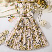 Imported 🌸 Girls’ French Retro Printed Pleated Dress – Summer Flying Sleeve Princess Dress_img_0