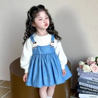 Children's Fashion Korean Style Dress, Girls' Round Neck Long Sleeve Cartoon Print Suspender Faux Two-Piece Patchwork Dress_img_2