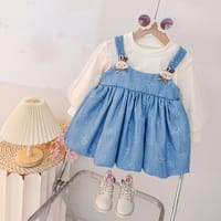 Children's Fashion Korean Style Dress, Girls' Round Neck Long Sleeve Cartoon Print Suspender Faux Two-Piece Patchwork Dress_img_0