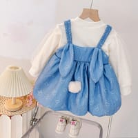Children's Fashion Korean Style Dress, Girls' Round Neck Long Sleeve Cartoon Print Suspender Faux Two-Piece Patchwork Dress_img_1