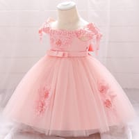 Imported 🎀 Baby Girl Off-Shoulder Dress – Fluffy Beaded Flower Dress with Bow_img_2