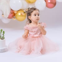 Imported 🎀 Baby Girl Off-Shoulder Dress – Fluffy Beaded Flower Dress with Bow_img_1