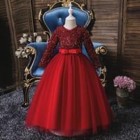 New style girls' evening dress, children's banquet dress, long-sleeved dress for middle and large children, sequined long dress for girls wholesale_img_1