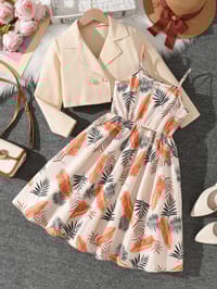 Imported 🍂 Girls’ Beige Jacket & Leaf Print Suspender Dress – Autumn Two-Piece Set_img_0