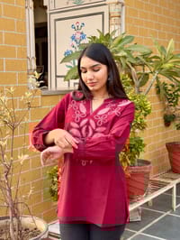 Maroon Cotton Kurti With Floral Embroidery_img_1