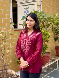 Maroon Cotton Kurti With Floral Embroidery_img_0