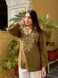 Olive Cotton Kurti With Floral Embroidery_img_0