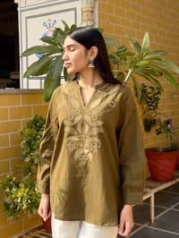 Olive Cotton Kurti With Floral Embroidery_img_1